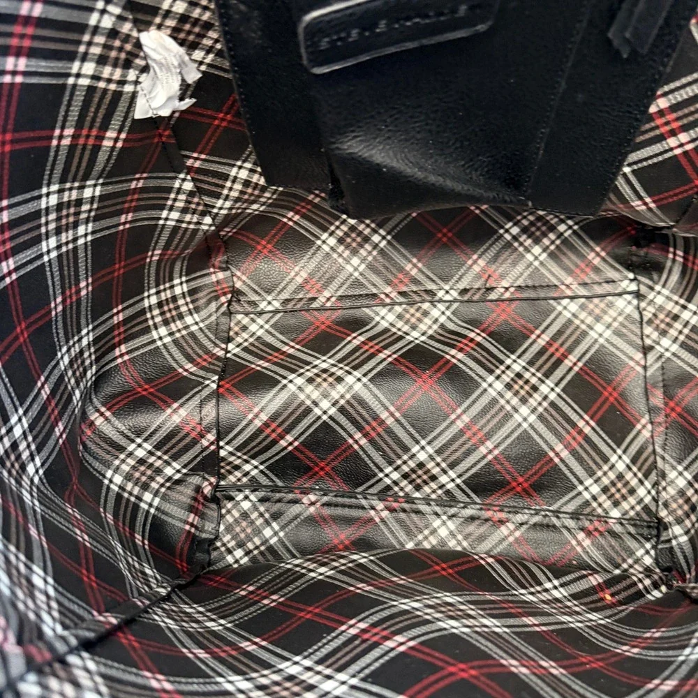 Steve Madden Black Faux Leather Tote Bag Gold Chain Straps Plaid Scarf Vegan